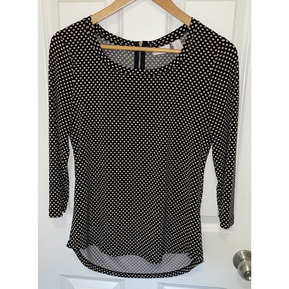 Chico's High Low Polka Dot Top Women’s Black w/Tan Dots Zip Back 3/4 Sleeve XS
